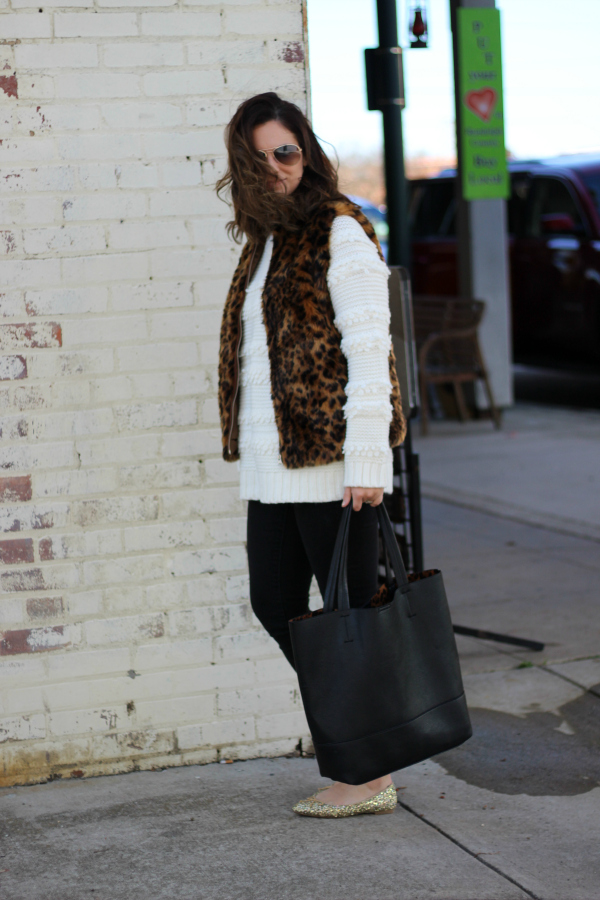 loft snowbird sweater, faux fur leopard vest, glitter flats, north carolina blogger, style on a budget