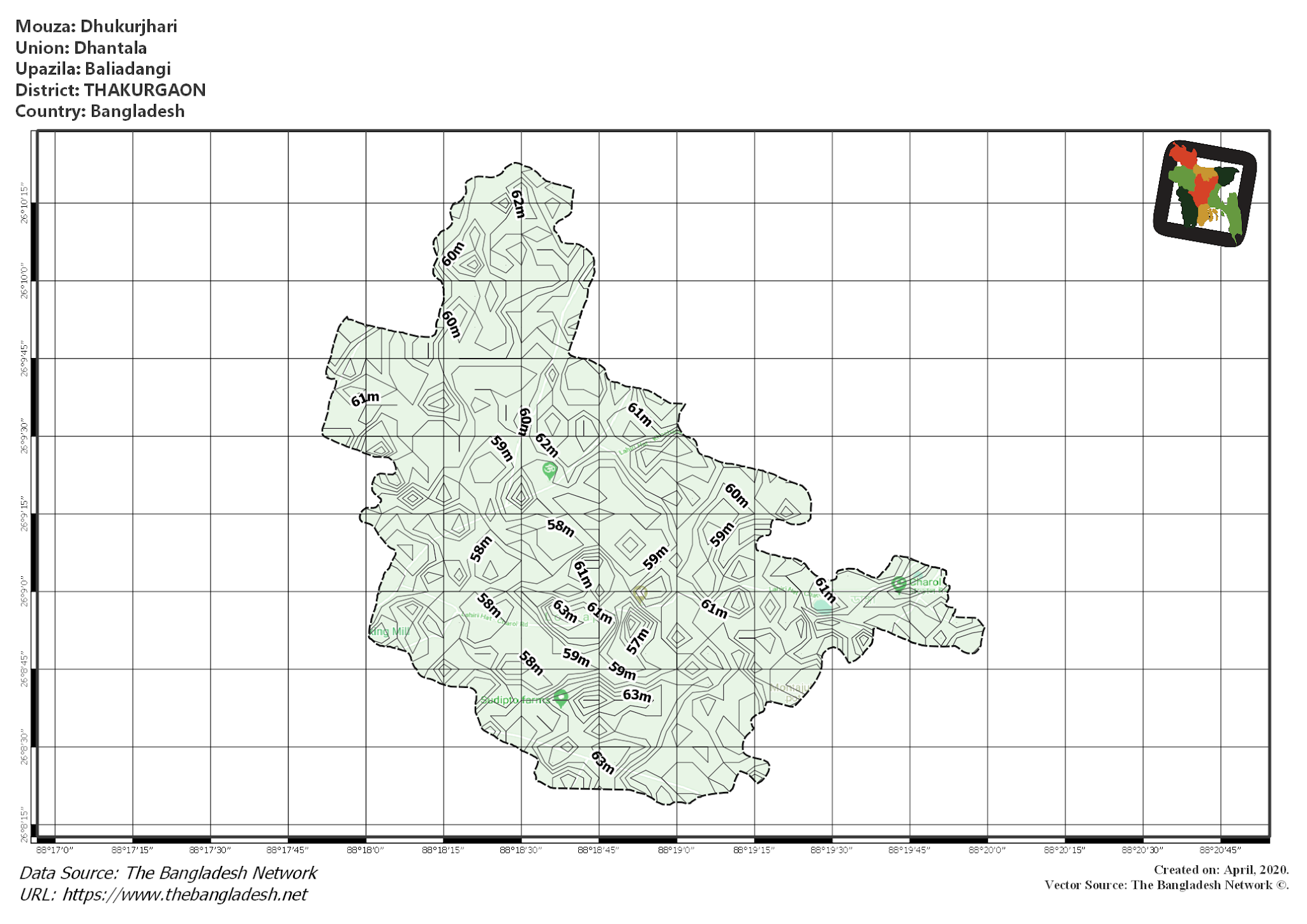 Map of Dhukurjhari Mouza of Baliadangi Upazila, THAKURGAON, Bangladesh.
