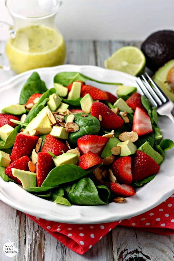 Strawberry, Avocado and Spinach Salad with Lime Poppy Seed Dressing | Renee's Kitchen Adventures - Healthy recipe makes a great meatless lunch or side dish! 