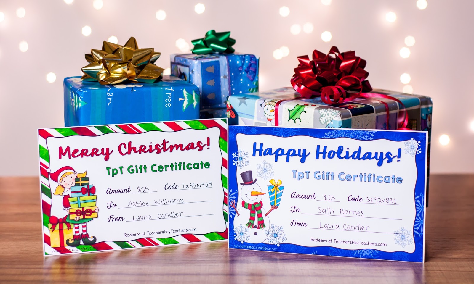Free customizable TpT Holiday Gift Certificates! Download these festive gift certificates and purchase gift card codes from TpT. Customize each certificate by adding the recipient's name and a unique gift card code. Sure to be a hit with any educator!
