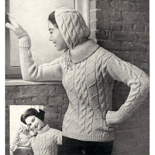 Hooded cable pullover knitting pattern, with mittens