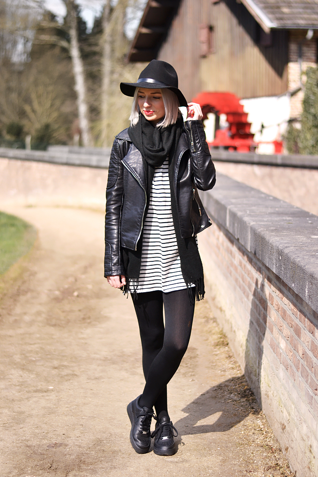 Striped dress, felt hat, wool scarf, leather biker jacket, nike air force 1 black, fedora hat