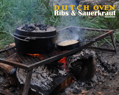 Ribs & Sauerkraut ♥ KitchenParade.com, cooked in a slow cooker or in a 'real' Dutch oven (pictured) over coals or an open fire. One Pot Dinner. Fix It & Forget It Dinner.