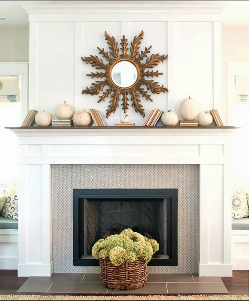 white fireplace penny tile