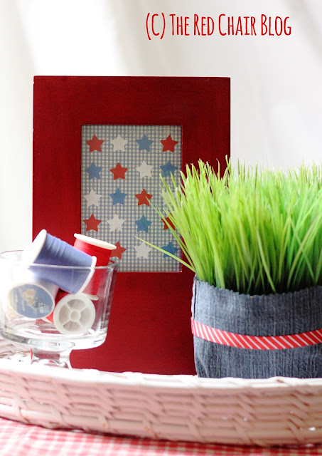 Easy DIY 4th of July vignette with plant, thread, and star collage at The Red Chair Blog