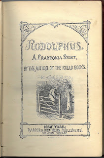 Title page to Rodolphus depicting a vignette of a boy climing on a fence in a rustic scene