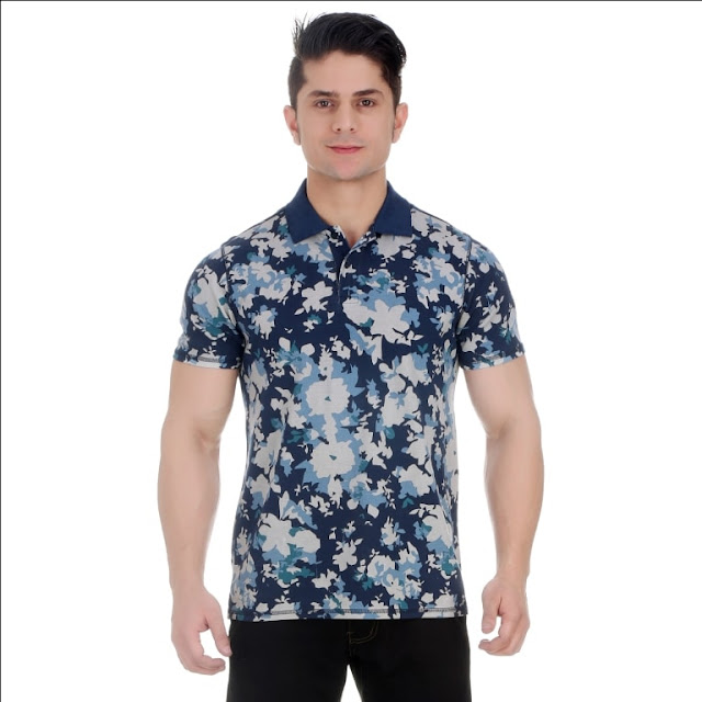 Overdyed Snorkel Blue All Over Floral Print Pique Cotton Polo T Shirt With Enzyme Wash Overdyed Snorkel Blue All Over Floral Print Pique Cotton Polo T Shirt With Enzyme Wash