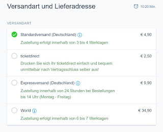 screenshot cu optiunile de livrare ale eventim.de: livrare bilet electronic, 2.50 euro - wtf? livrare Germania, 4.90 euro; livrare rapida Germania, 9.90 euro; livrare internationala, 34.90 euro - ceee? mami, nici macar biletul nu costa atat!