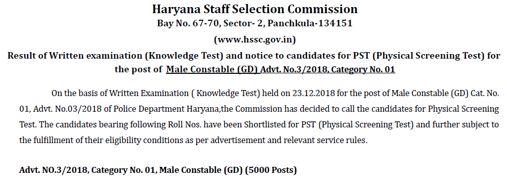 HSSC Constable Result