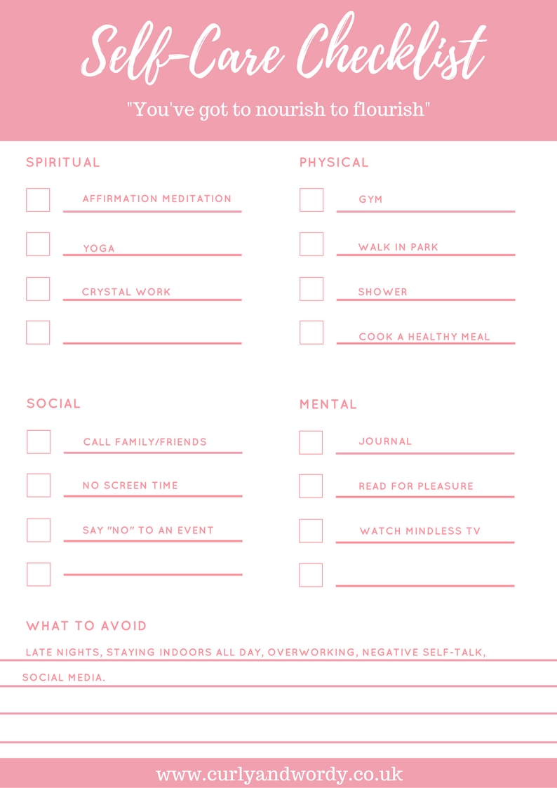 Curly and Wordy My SelfCare Checklist Template