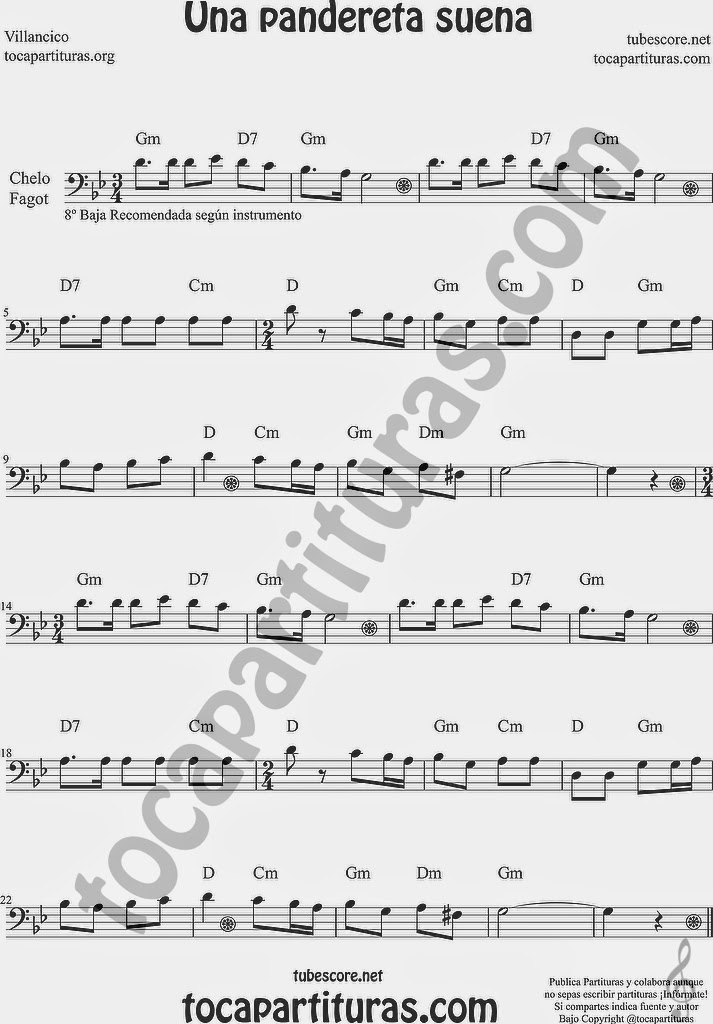  Una Pandereta Suena Partitura de Violonchelo y Fagot Sheet Music for Cello and Bassoon Music Scores