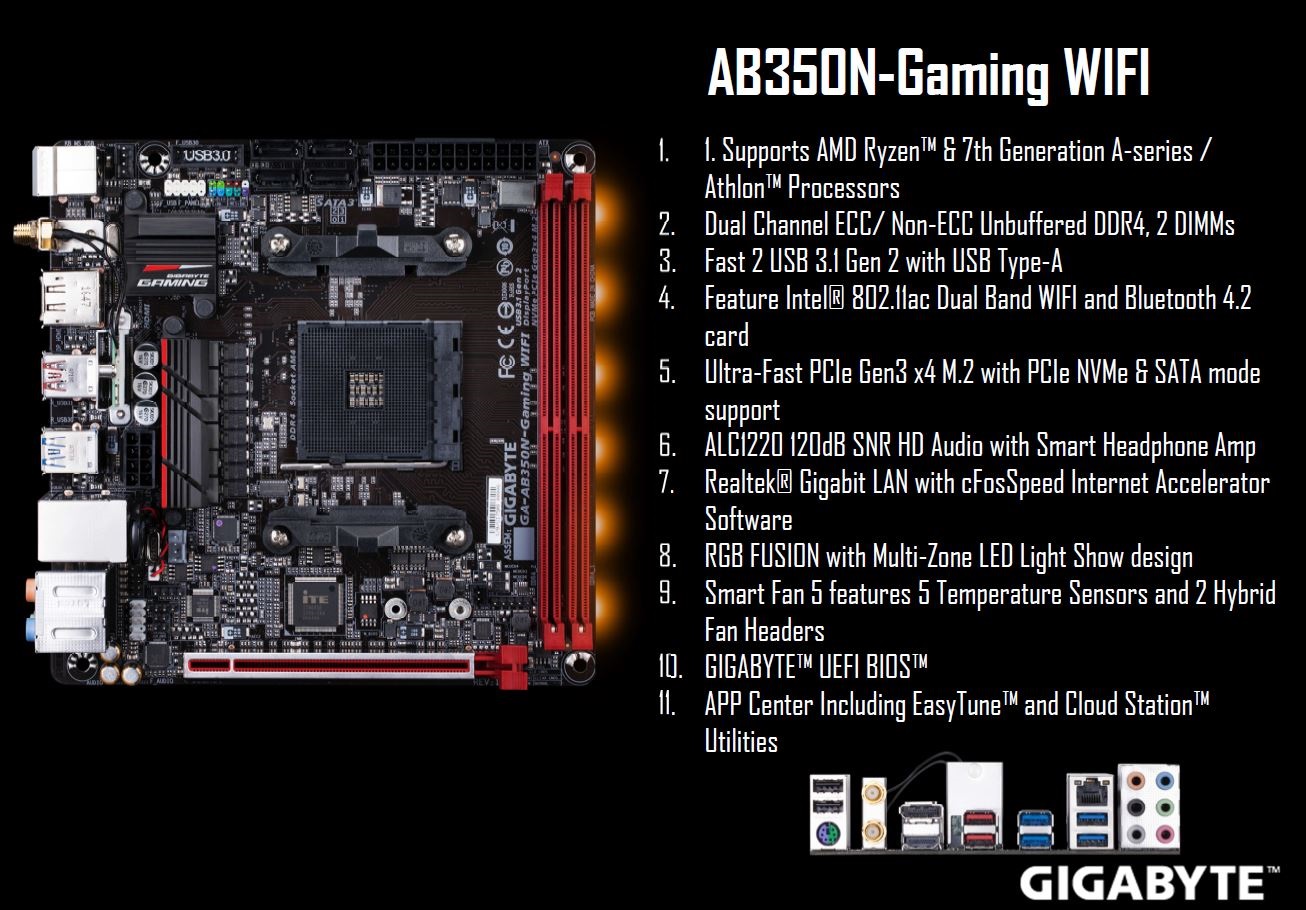 GIGABYTE AB350N Gaming WiFi , Motherboard MiniITX Dengan Socket AM4