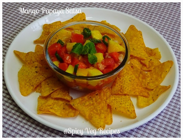 This mango papaya fruit salsa is Easy, delicious, healthy. I am sure you will love the delightful tangy sweet and sour flavors of tropical fruits. You can serve it as a salad, side dish or with some nachos chips for an appetizer or snack.  mango papaya salsa-How to make mango papaya salsa-mango papaya salsa recipe Breakfast N Snacks, Fusion, salad n salsa, Soups n Salads, Mango recipes, spicy veg recipes, veg recipes, healthy recipes, Quick Recipes, Easy Recipes, Bachelor Recipes, Kids Recipes, Papaya recipes,