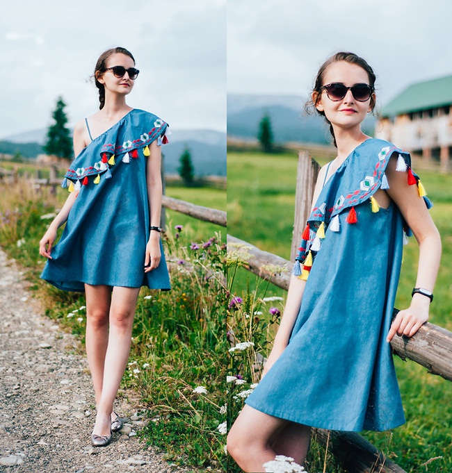 SheIn Blue One Shoulder Ruffle Tassel Embroidered Dress 9 Looks SheIn彩色流蘇丹寧小短洋
