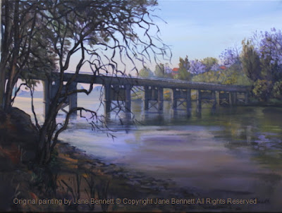 plein air oil painting of the historic Windsor Bridge across the Hawkesbury River painted by artist Jane Bennett