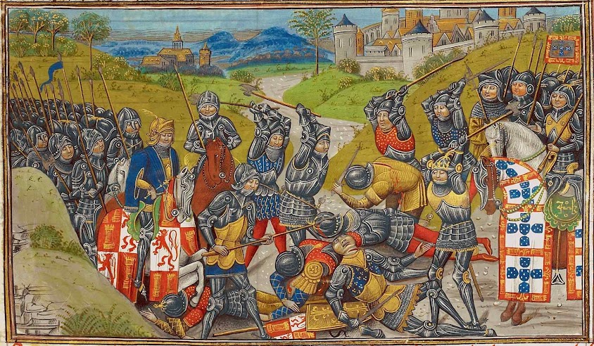 Batalha de Aljubarrota 14 de Agosto de 1385, as tropas de D. João I, comandadas pelo condestável D. Nuno Álvares Pereira, British Library, Royal 14 E IV f. 204 recto Batalha de Aljubarrota 14 de Agosto de 1385, as tropas de D. João I, comandadas pelo condestável D. Nuno Álvares Pereira, British Library, Royal 14 E IV f. 204 recto