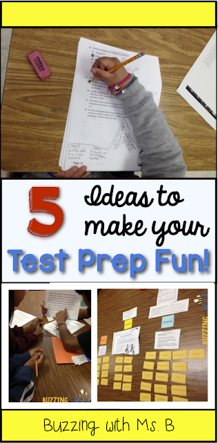 Test prep doesn't have to be boring with these five fun strategies! Get kids engaged and moving with bump or scoot, the question ball, partner A and partner B discussions, stations, and sorting activities! Prepare your kids for their big day with these fun activities that you can use with worksheets. #testprep #testprepstations