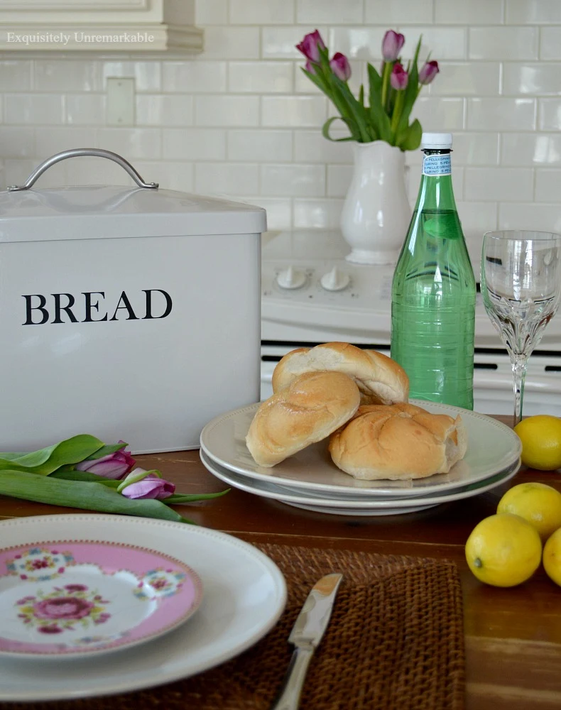 Farmhouse Style Bread Bin and table setting
