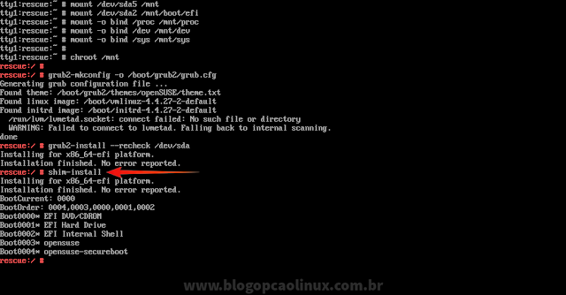 Exemplo de saída do comando "shim-install"