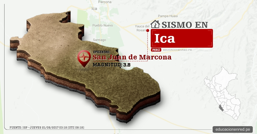 Temblor en Ica de 3.8 Grados (Hoy Jueves 21 Septiembre 2017) Sismo EPICENTRO San Juan de Marcona - Nazca - IGP - www.igp.gob.pe