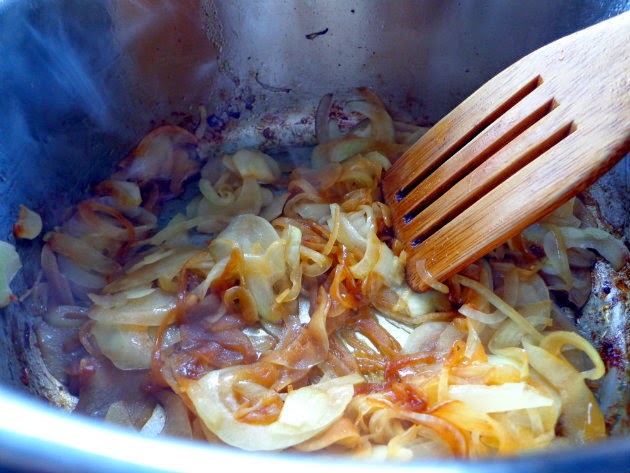 Sauté onions, add garlic, dry mustard, salt and pepper