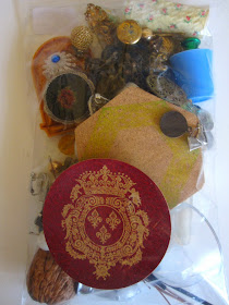 Back of A5-sized bag of bits and bobs for miniature use. Several vintage full-sized coasters are shown, including three octagonal cork coasters.