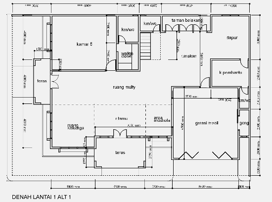 Denah rumah minimalis 2 lantai sudut dengan luas tanah 15x22 meter