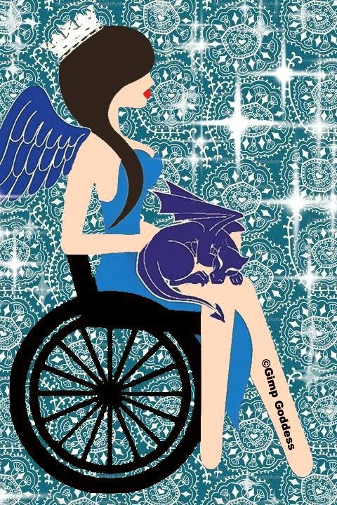 Simple color illustration of a woman with long black hair, sitting in a wheelchair, wearing a crown, holding a small dragon.