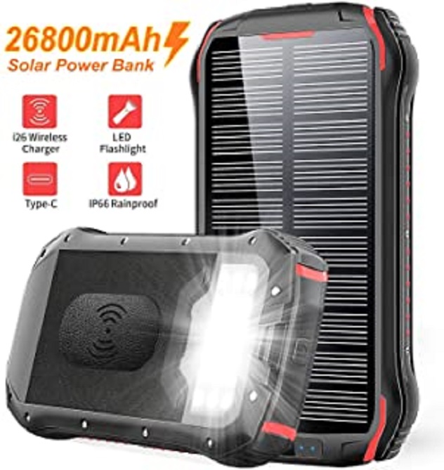 Chargeur Solaire 26800mAh Batterie Externe Portable QI Power Bank sans Fil avec 4 Ports 3.1A USB&1 Type C Haute Vitesse, Lampe 18 LED(SOS Mode) et Crochet pour iPhone Smartphone
