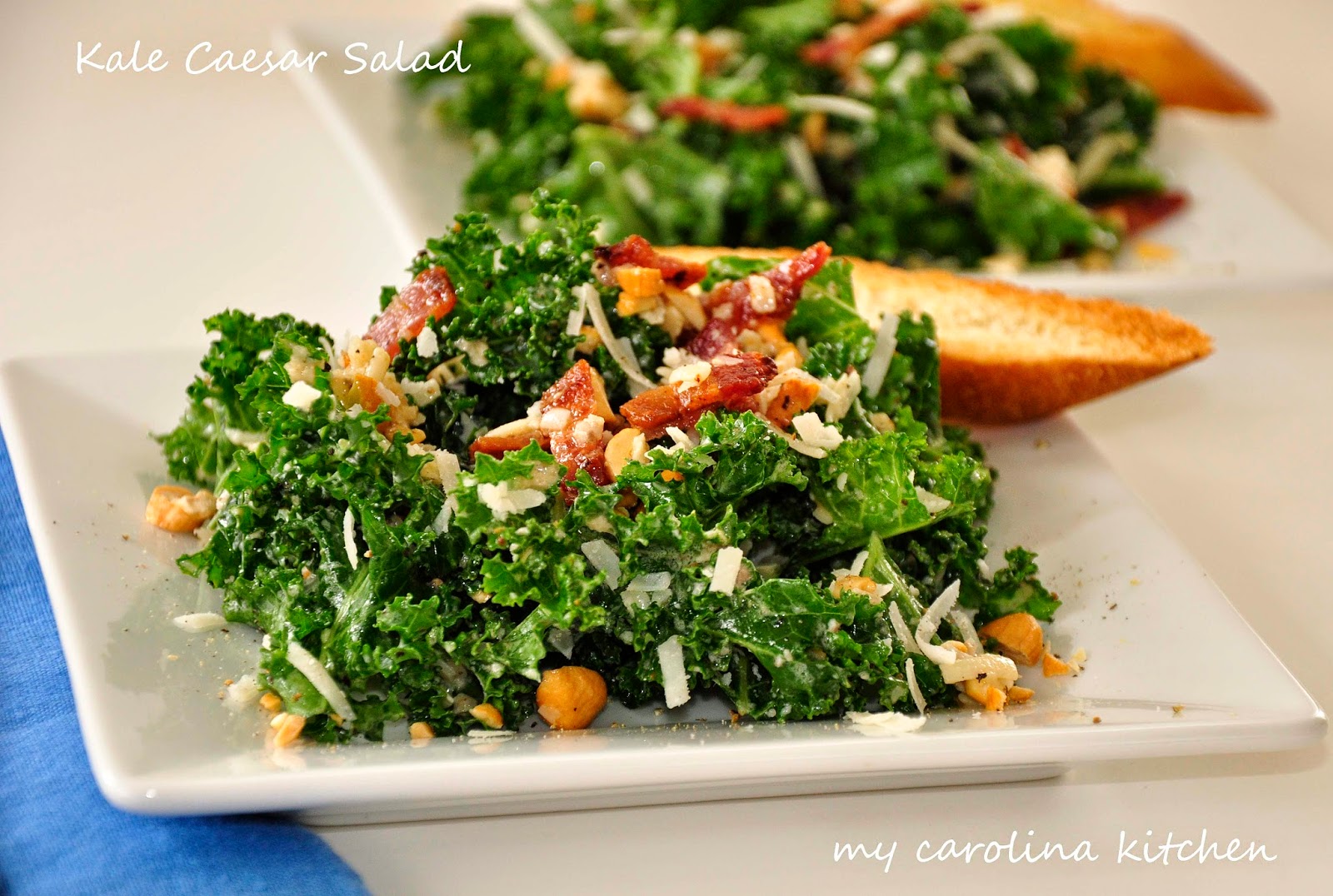 My Carolina Kitchen: Kale Caesar Salad with Smoky Bacon and Cashews - A ...