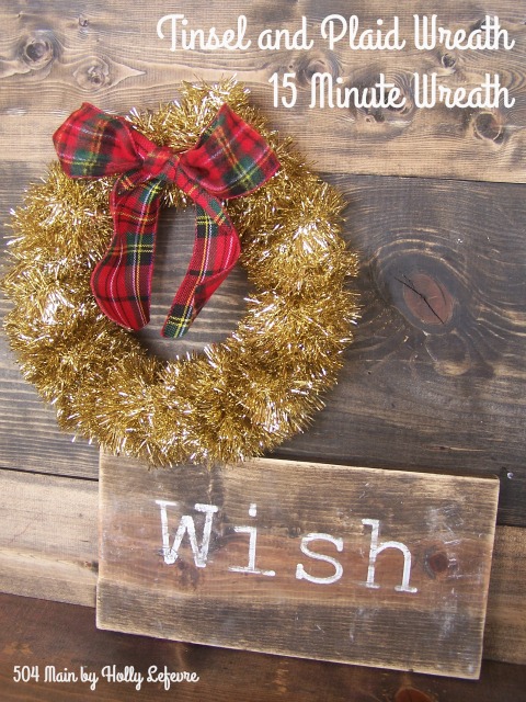 Mix holiday tinsel garland and big plaid bows to make a fun wreath. Sparkle and plaid make a unique wreath for Christmas