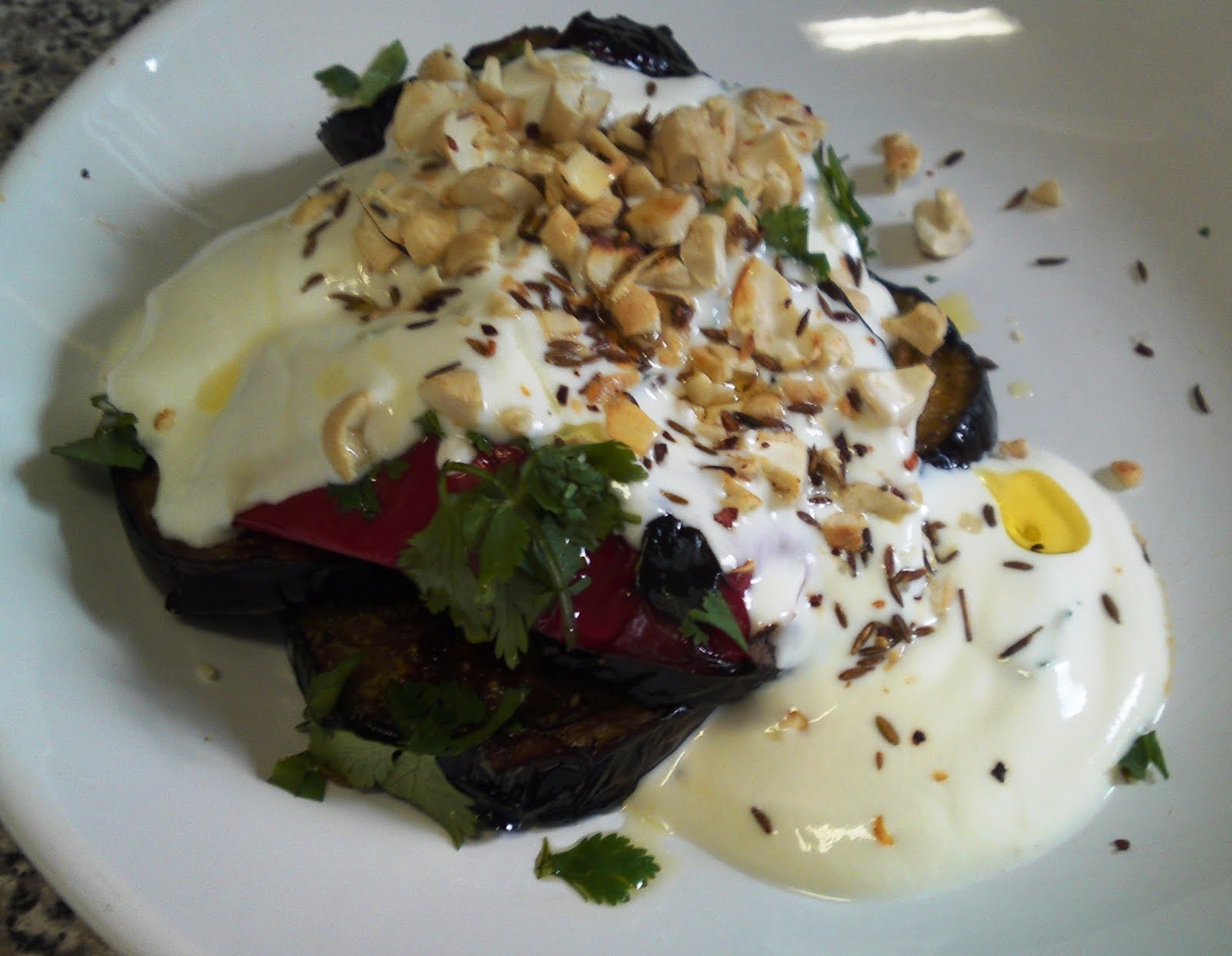 Northern Food Grilled aubergine and peppers with spiced yoghurt