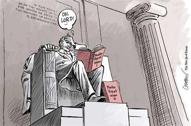 Abraham Lincoln statue in the Lincoln Memorial reads the Mueller Report, claps its hand to its forehead, while saying, 
