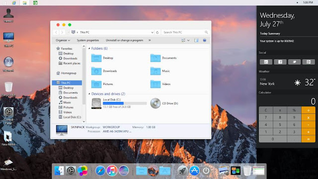 Download MacOS Sierra Skinpack Theme for Window OS 7, 8, 8.1 and 10. Similar theme for Window OS. Download theme installer for window OS.