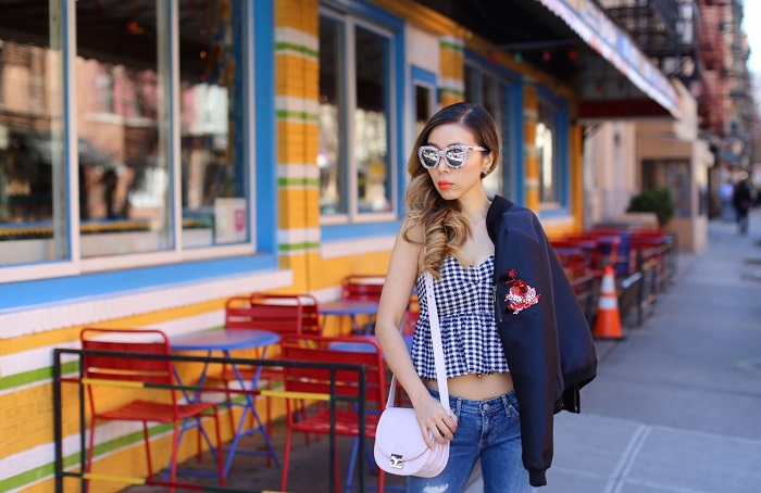 Topshop gingham checker peplum top, AG Jeans, sachin and babi lola bomber jacket, bomber jacket, loeffller Randall bag, quay sunglasses, tory burch wedges, happy hour outfit, cinco de mayo outfit ideas, chanel earrings, nyc fashion blog 