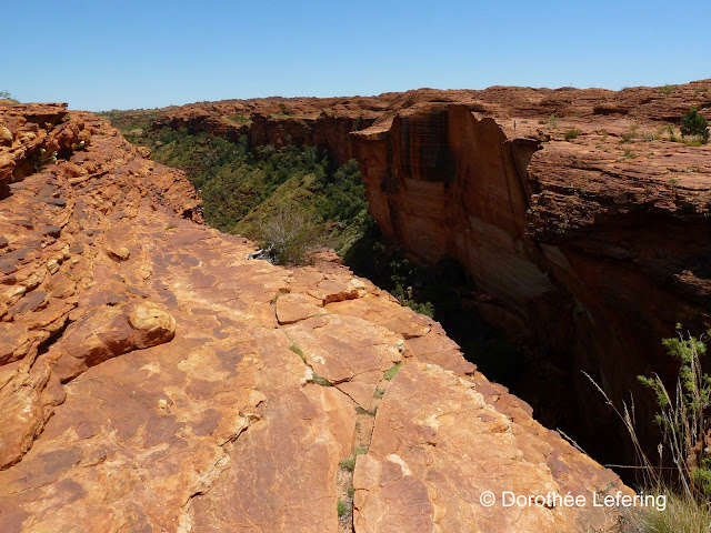 Walking along the rim of the Kings Canyon with its red rock formations and cliffs.