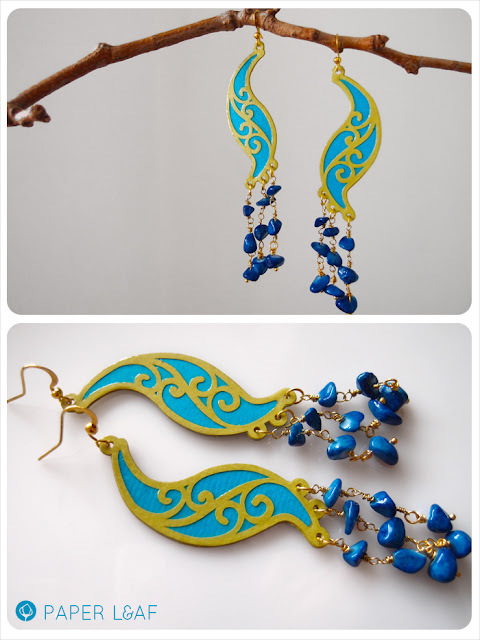 Paper Leaf - Colored Arabesque Lime - paper cotton earrings with colored stones