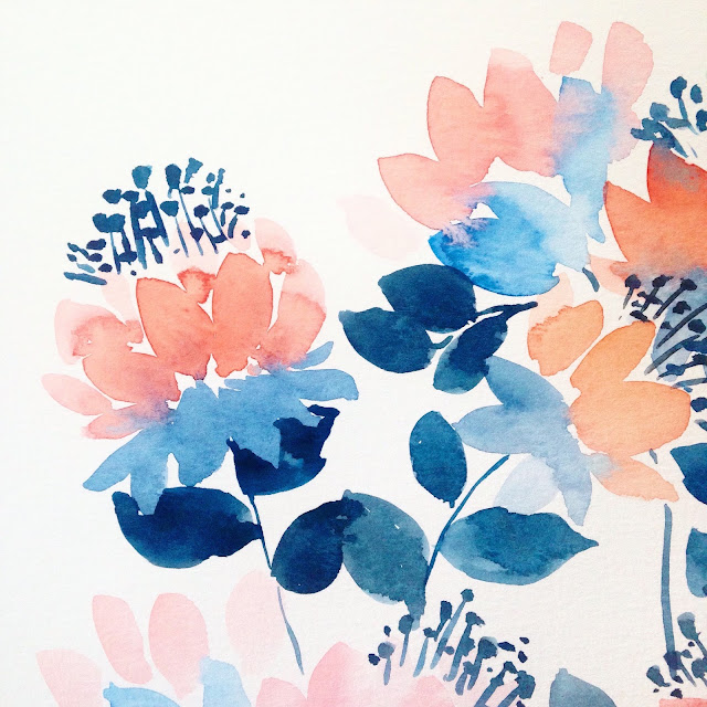 original watercolor flower paintings by Elise Engh.  Fire Flowers in blue and orange.