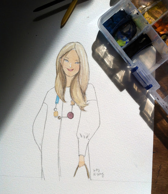 WIP of gouache drawing of Anya Hindmarch