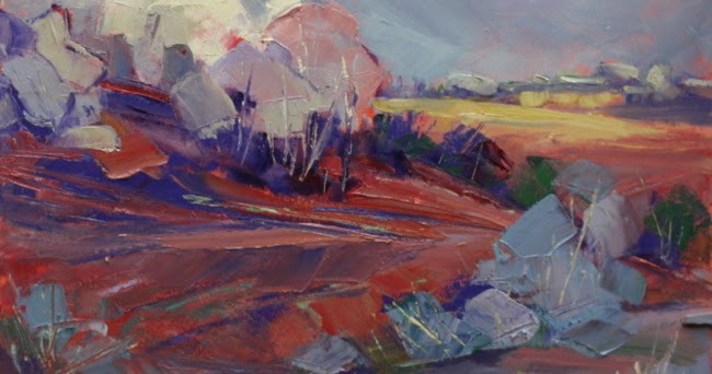 Pintura de paisaje contemporánea de Colorado, pintura al óleo de arte «Patch of Sun» de la cómico contemporánea Jody Ahrens de Colorado