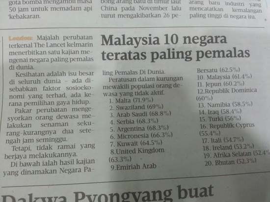 Rakyat Malaysia Paling Pemalas di Dunia