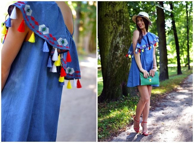 http://www.mademoiselleiva.com/ SheIn Blue One Shoulder Ruffle Tassel Embroidered Dress