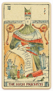 The High Priestess card - Colored illustration - In the spirit of the Marseille tarot - major arcana - design and illustration by Cesare Asaro - Curio & Co. (Curio and Co. OG - www.curioandco.com)