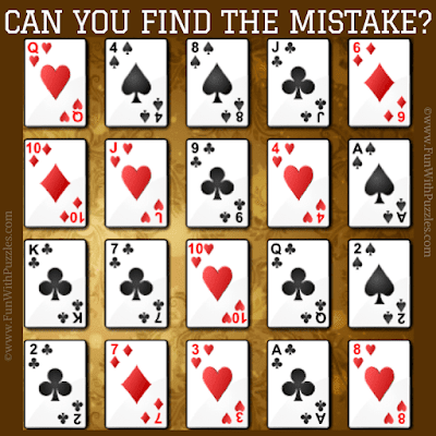 It is mistake finding picture riddle in which one has to find the mistake in the given poker square card game