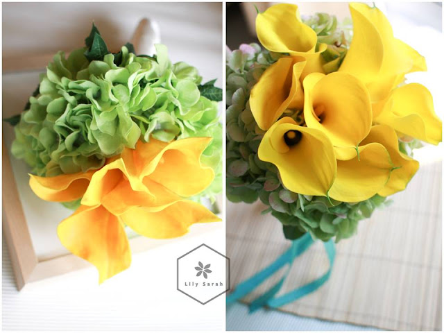yellow calla lily silk flower and fresh flower bouquet