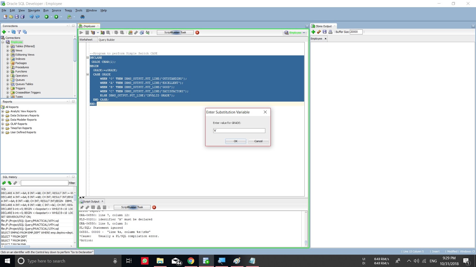 Program to perform Simple Switch CASE in PL/SQL ~ Coding Atharva