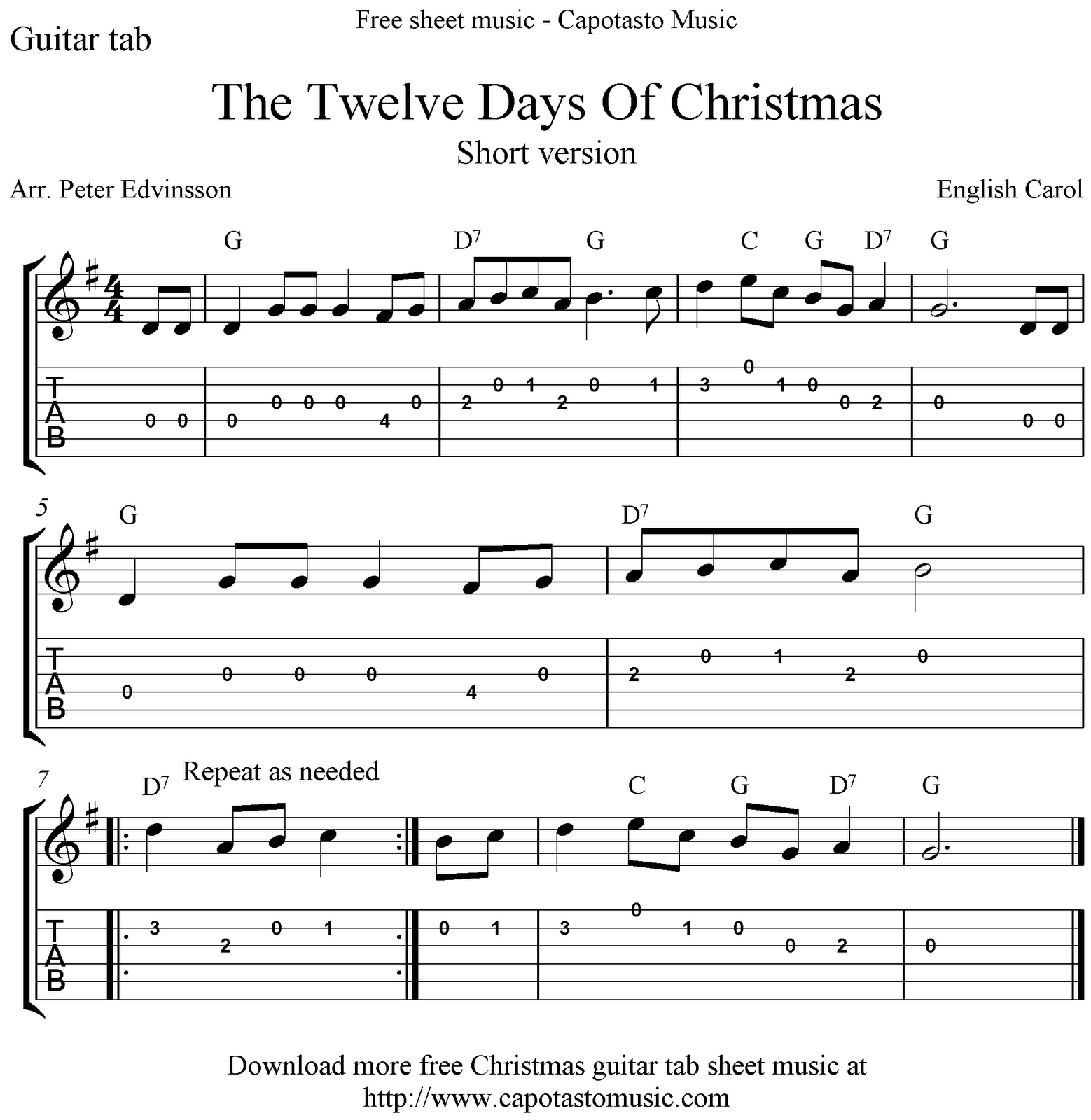 The Twelve Days Of Christmas Free Guitar Tablature Sheet Music