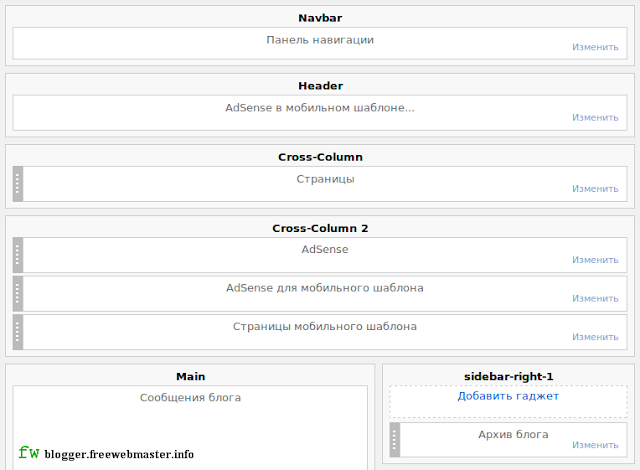 Расположение виджета страниц и AdSense в меню "Дизайн" Blogger