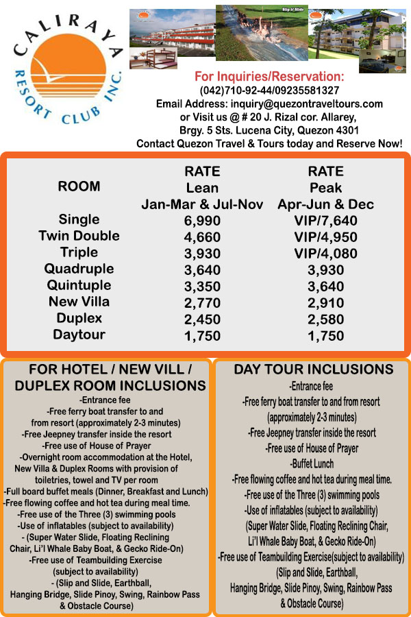 caliraya resort club day tour rates