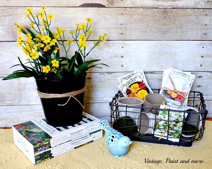 Vintage, Paint and more... DIY tin with paint and twine, wire basket with painted peat pots